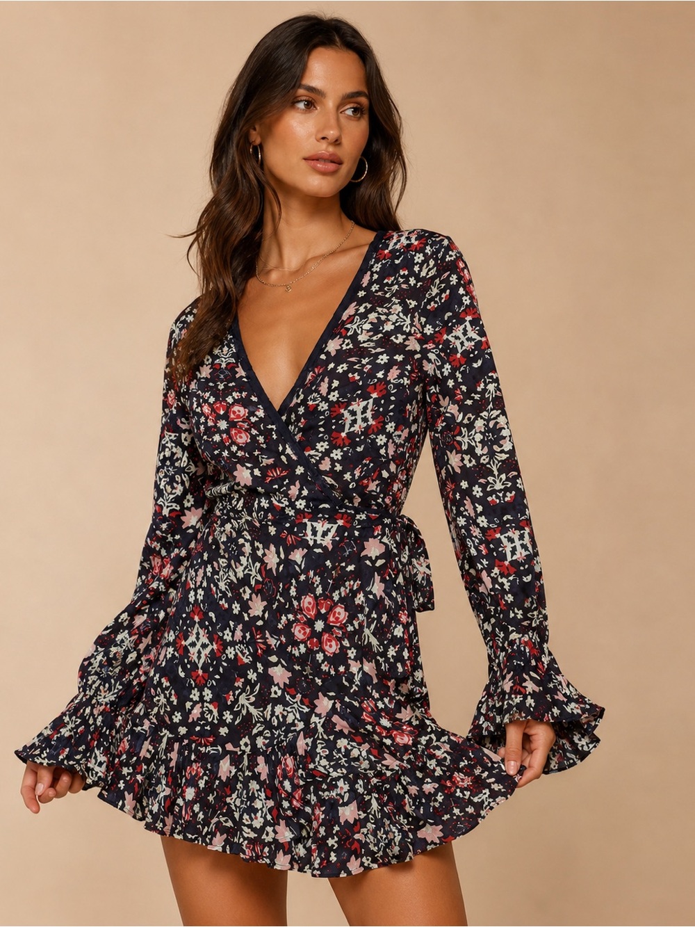 Floral Wrap Mini Dress in Navy and Pink
